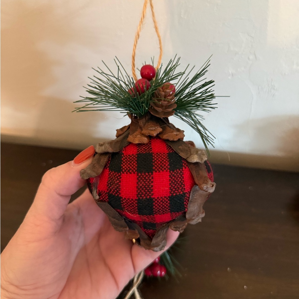 Six pieces Hobby Lobby Red & Black Plaid Ornament with Pinecone and Greenery